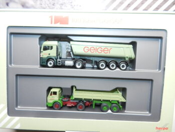 Herpa 316699 "100 Jahre Geiger" 2er Set Herpa  MAN TGS Sattelkipper + Wiking MB Sattelkipper