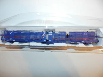 Electrotren HE 6085 - TRANSFESA/Hispanauto, 3-achs. Autotransportwagen Laeks „Mega Car Carrier“, blaue Farbgebung mit neuem Logo, Ep. VI