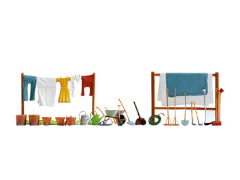 NOCH 14800 - Garten-Zubehör Inhalt: Wäscheleine, Teppichstange, verschiedene Pflanzkübel und Gießkannen, Heckenschere, Handsäge, Schubkarre, Schaufel, Rasenmäher, Gartenschlauch…