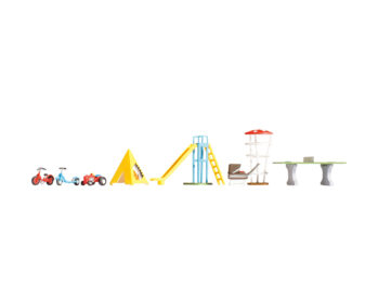 NOCH 14814 - Spielgeräte Inhalt: Tischtennisplatte, Kletter-Pilz, Rutsche, Zelt, Kinderwagen, Kinder-Traktor, Roller, Fahrrad