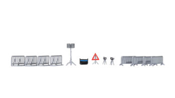 NOCH 14821 - Polizei-Zubehör Inhalt: 4 leichte Absperrgitter 4 Hamburger Gitter 1 Flutlichtstrahler 1 Strom-Aggregat 2 Blitzer 1 Verkehrsschild