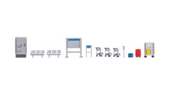NOCH 14827 - Bahnsteig-Zubehör Inhalt: 2 Koffer 1 Fahrkartenautomat 1 Ticketentwerter 1 Zugstands-/Fahrplan-Anzeigetafel 1 Gitterwagen 3 Gepäck-Trolleys 1 Schild 2 Dreier-Sitzbänke