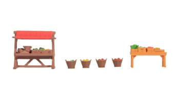 NOCH 14837 - Wochenmarkt-Zubehör Inhalt: 1 Überdachter Marktstand mit Gemüse und Waage 1 Markttisch mit Gemüse 4 Körbe mit Gemüse