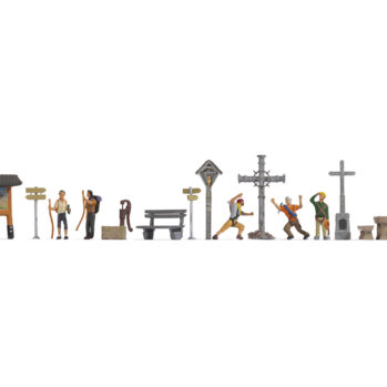 NOCH 16210 - Figuren-Themenwelt „In den Bergen“ Inhalt: 6 Figuren, 1 Gipfelkreuz, 1 Brunnen, 2 Wegkreuze, 2 Wanderwegweiser, 1 Holzbank mit Lehne, 1 Tisch, 2 Bänke, 1 Wandertafel mit Karte