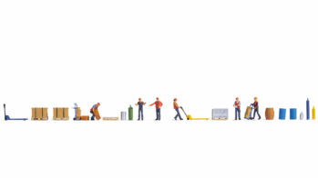 NOCH 16266 - Figuren-Themenwelt „Güterverladung” Inhalt: 1x Lagerarbeiterin mit Sackkarre 1x Lagerarbeiter mit Kiste 1x Lagerarbeiter mit Handhubwagen 3x Lagerarbeiter und Frachtführer 1x Handhubwag…