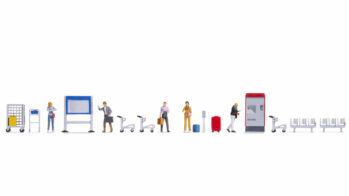 NOCH 16268 - Figuren-Themenwelt „Bahnsteig” Inhalt: 5x Reisende 2x Koffer 1x Fahrkartenautomat 1x Ticketentwerter 1x Zugstands-/Fahrplan-Anzeigetafel 1x Gitterwagen 3x Gepäck-Trolleys 1x Schild…
