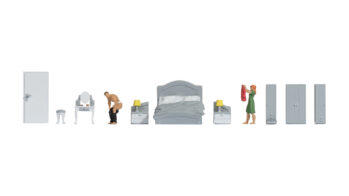 NOCH 16287 - Figuren-Themenwelt "Schlafzimmer" Inhalt: 1 Mann, 1 Frau 1 Bett mit Nachttischen 1 Kleiderschrank 1 Schminktisch mit Hocker 1 Tür