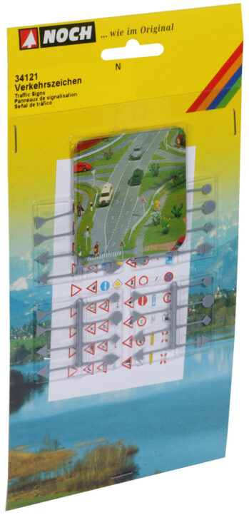NOCH 34121 - Verkehrszeichen 80 Verkehrsschilder zum Aufkleben, farbig gedruckt , 32 Rohrpfosten, maßstabsgetreu