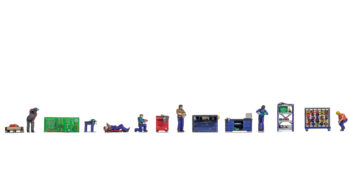 NOCH 35902 - Figuren-Themenwelt „Werkstatt“ Inhalt: 6 Figuren, 1 Stapelplatte mit Werkzeug, 1 Werkzeugwand, 1 Arbeitstisch, 1 Schreibtisch, 1 Regal, 1 Sortierregal, 1 Werkzeugwagen, 1 Spint