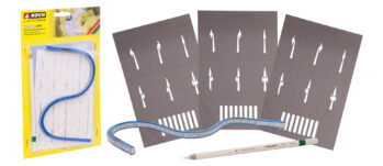 NOCH 60740 - Start-Set Straßenmarkierung Inhalt: 1 Kurvenlineal 1 Straßenmarkierungs-Stift je 1 Straßenmarkierungs-Schablone Spur H0, TT und N