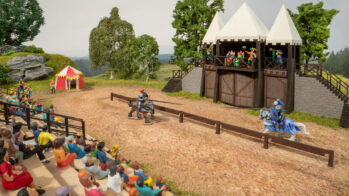 NOCH 66828 - micro-motion Ritterturnier mit micro-sound Inhalt: Laser-Cut Bausätze Turnierplatz, Tor mit Loge, Tribüne und 4 Zelten 9 exklusive, farbig gedruckte Figuren, 2 davon zu Pferd für den Einsatz a…