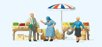 Preiser 10056 - H0 Am Markt. Marktstände und Sonnenschirm als Bausatz