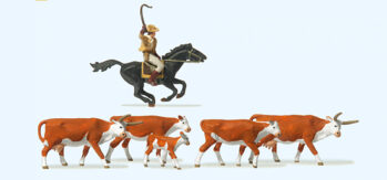 Preiser 10159 - H0 Langhornrinder, Cowby zu Pferd