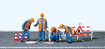 Preiser 10445 - H0 Kanalarbeiter, Absperrung, Kanaldeckel