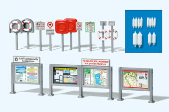 Preiser 17317 - H0 Informations-Schaukästen, Rettungsringe, Fender, Schilder Badebetrieb