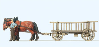 Preiser 30416 - H0 Leiterwagen. Bauer, 2 Pferde