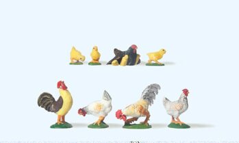 Preiser 47070 - 1:25 2 Hähne, 2 Hühner, Gluckhenne, 3 Kücken